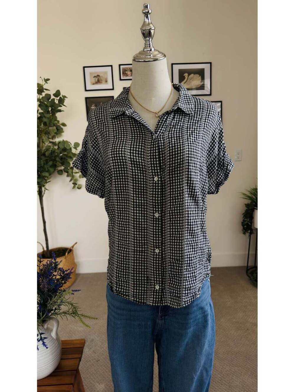 Cloth & Stone Gingham Button-Down Short Sleeve Shirt Size M